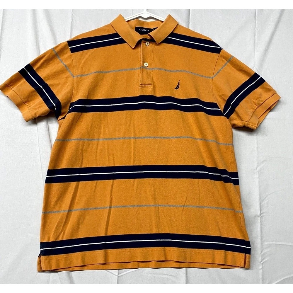 Nautica Polo Shirt Men Small Yellow Blue Striped Short Sleeve Golf Tennis Sports